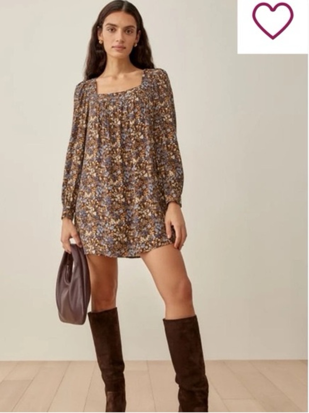 REFORMATION Brown Floral Relaxed Square Neck Puff Sleeve Mini Blake Dress Large